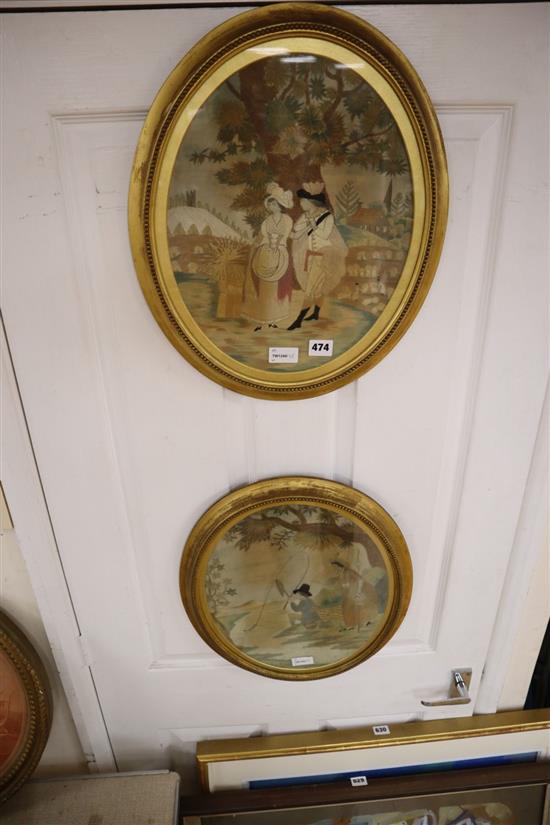 A pair of early 19th century oval needlework pictures, one of a couple, the other of an angler and shepherdess, gilt frames, H 37cm